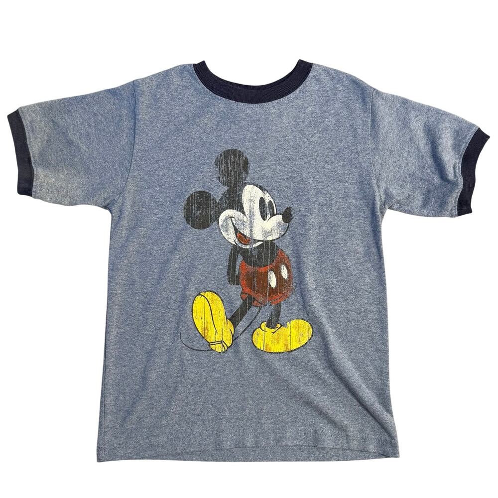 VTG Y2K Mickey Mouse Ringer T-Shirt Distressed Walt Disney World Kids Blue Small